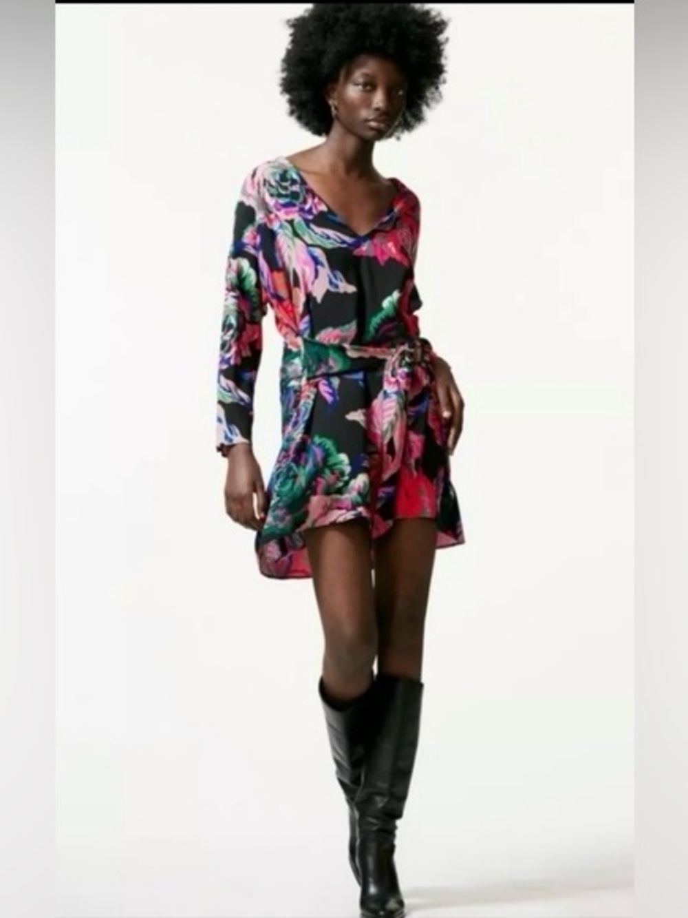 Zara Black Floral Wrap Mini Dress Long Sleeve V-Neck Tie Waist size medium